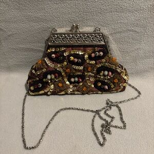 Brown Beaded Clutch Evening Sequin Purse with silver tone art decor frame handle